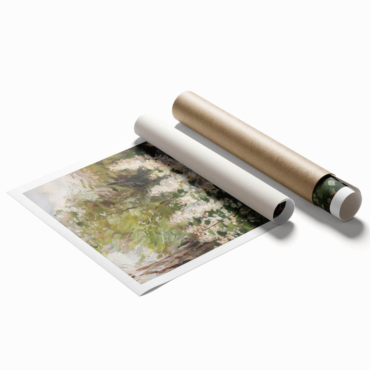 Abstract floral rolled print showcasing vibrant colors, intricate patterns, and a modern design aesthetic, ideal for home decor or office spaces.