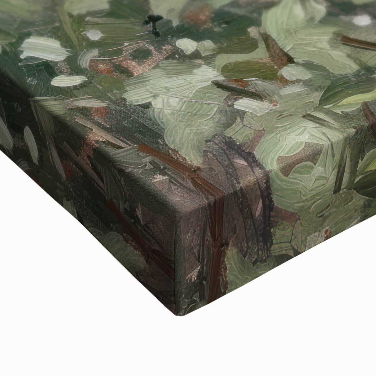 Close-up of an abstract floral stretched canvas featuring vibrant colors of pink, blue, and green, showcasing intricate brushstrokes and textures perfect for modern decor.