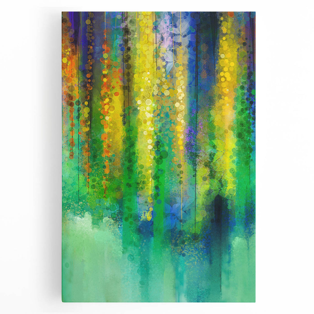 Vibrant abstract floral stretched canvas artwork displaying colorful blooms in shades of pink, blue, and green, perfect for modern home decor.