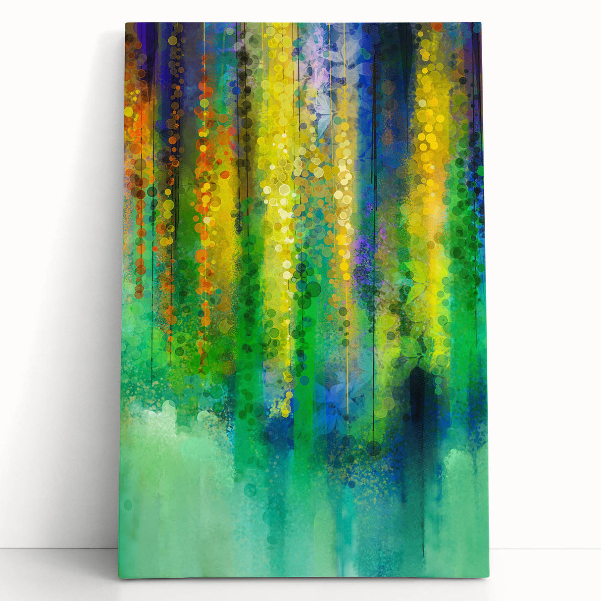 Stretched canvas art piece showcasing a vibrant abstract floral design with bold colors of pink, blue, and green, perfect for modern home decor accents.