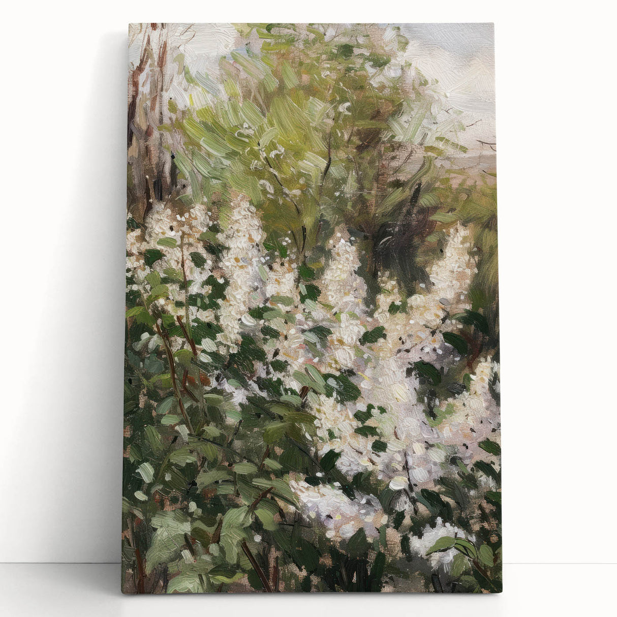 Abstract floral canvas art piece showcasing vibrant colors and intricate patterns, elegantly leaning against a neutral wall, perfect for modern home decor.