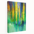 Abstract floral design stretched canvas showcasing vibrant colors and intricate patterns, ideal for modern home decor and artistic wall displays. The side view highlights the canvas thickness and quality craftsmanship, perfect for enhancing any living space.