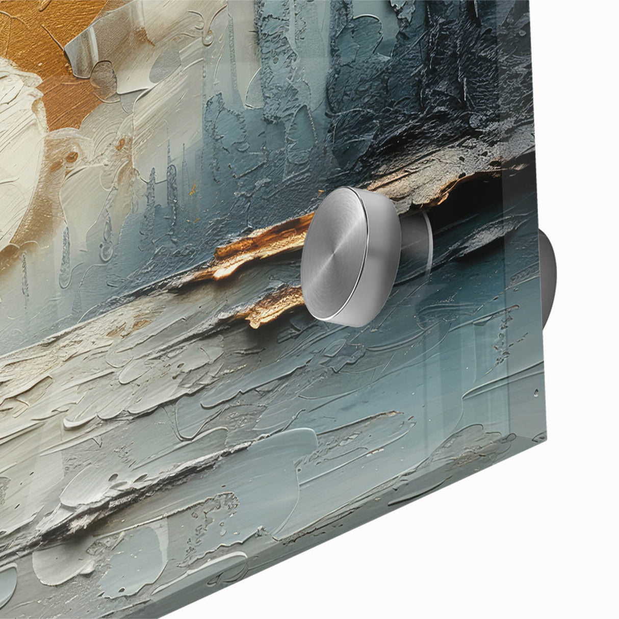 Close-up of a vibrant abstract landscape wall art piece, showcasing rich blues and greens, printed on acrylic glass for a modern decor accent. Perfect for adding a contemporary touch to living spaces or offices.