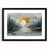 Abstract landscape wall art framed with a black mat, showcasing vibrant colors and modern design elements, perfect for enhancing contemporary home decor.