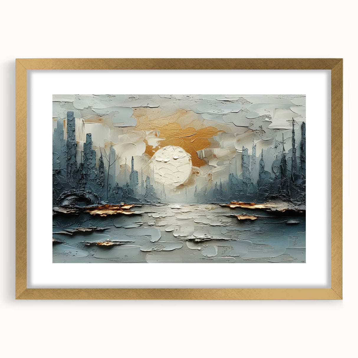 Abstract landscape wall art framed with a mat in gold, showcasing vibrant colors and intricate patterns, perfect for modern home decor and artistic spaces.