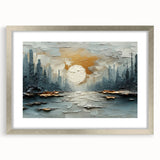 Abstract landscapes wall art framed in silver with a white mat, showcasing vibrant colors and modern design elements, perfect for home decor.