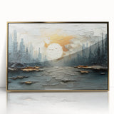 Framed abstract landscape wall art featuring vibrant gold and earthy tones, perfect for modern home decor. Adds a touch of elegance to any room setting.