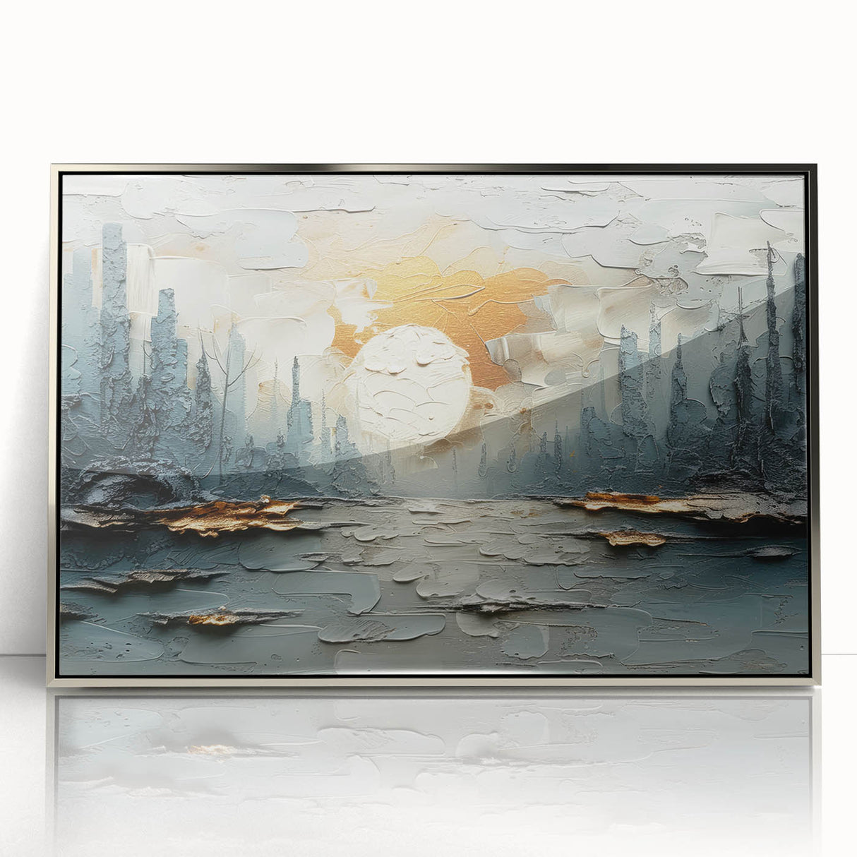 Framed abstract landscape wall art featuring a silver acrylic finish, showcasing vibrant colors and dynamic shapes, ideal for modern home decor.