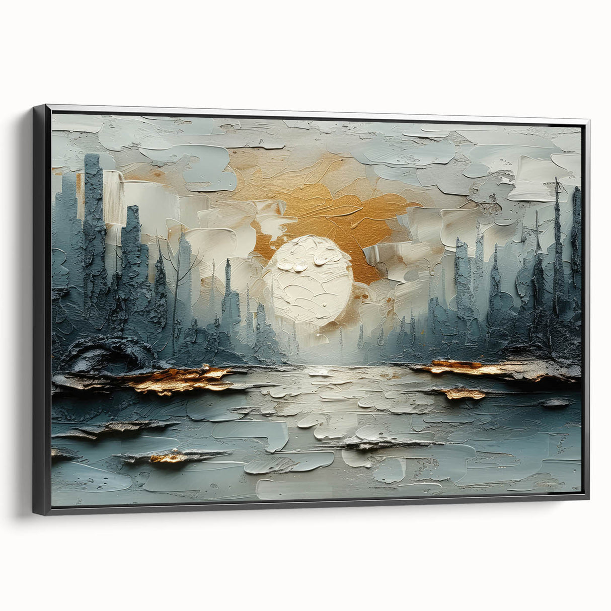 Framed abstract landscape wall art in black frame, showcasing vibrant colors and unique designs, ideal for modern home decor or office spaces.