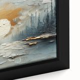 Close-up of a framed abstract landscape wall art piece showcasing vibrant colors of blue, green, and gold, ideal for modern home decor, creating a serene ambiance.