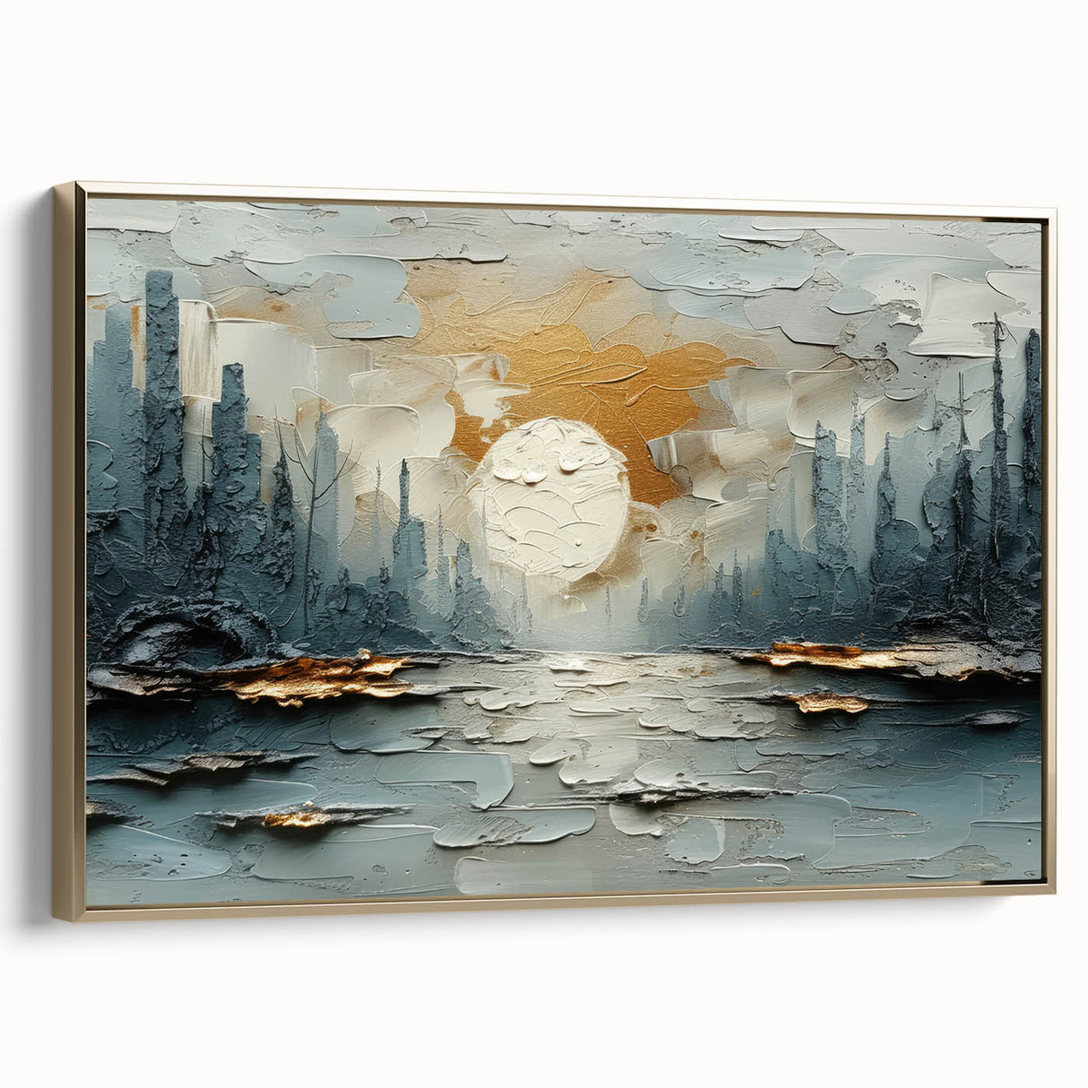 Abstract landscape wall art in a gold frame, showcasing a vibrant color palette of blues and greens, ideal for modern home decor. Perfect for adding elegance to any room.