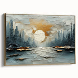 Abstract landscape wall art in a gold frame, showcasing a vibrant color palette of blues and greens, ideal for modern home decor. Perfect for adding elegance to any room.