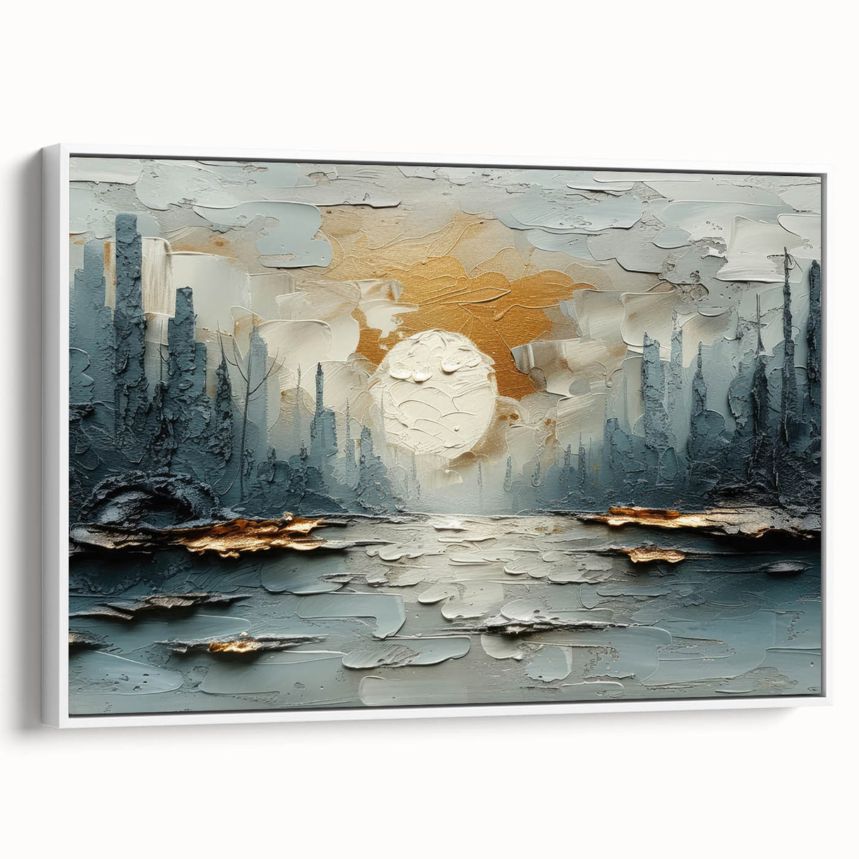 Framed abstract landscape wall art showcasing vibrant colors and textured brushstrokes, displayed in a sleek white frame, perfect for modern home decor.
