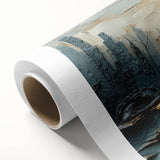 Abstract landscape wall art on rolled canvas, showcasing vibrant hues of blue and orange, ideal for modern home decor, packaged securely in a sturdy tube.