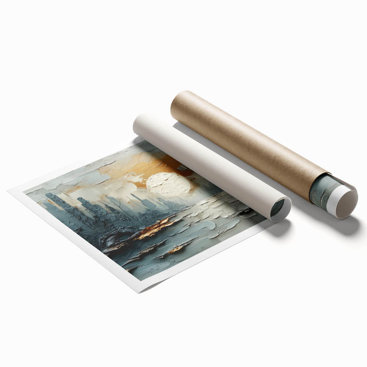 Abstract landscape wall art print showcasing vibrant hues of blue, green, and orange, rolled and ready for display. Perfect for modern home decor.