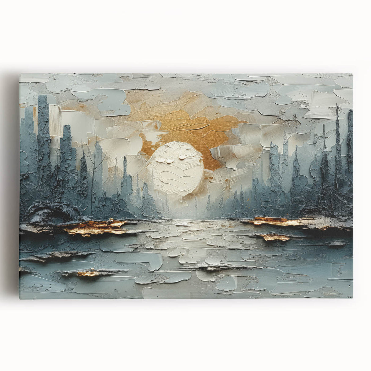 Abstract landscape wall art on stretched canvas showcasing vibrant colors and fluid shapes, perfect for modern home decor or office aesthetics.