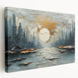 Stretched canvas wall art featuring a vibrant abstract landscape design with bold colors and dynamic shapes, ideal for modern home decor. The side view highlights the canvas's depth and quality, making it a striking focal point for any room.