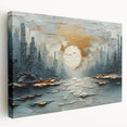 Stretched canvas wall art featuring a vibrant abstract landscape design with bold colors and dynamic shapes, ideal for modern home decor. The side view highlights the canvas's depth and quality, making it a striking focal point for any room.