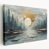 Stretched canvas wall art featuring a vibrant abstract landscape design with bold colors and dynamic shapes, ideal for modern home decor. The side view highlights the canvas's depth and quality, making it a striking focal point for any room.