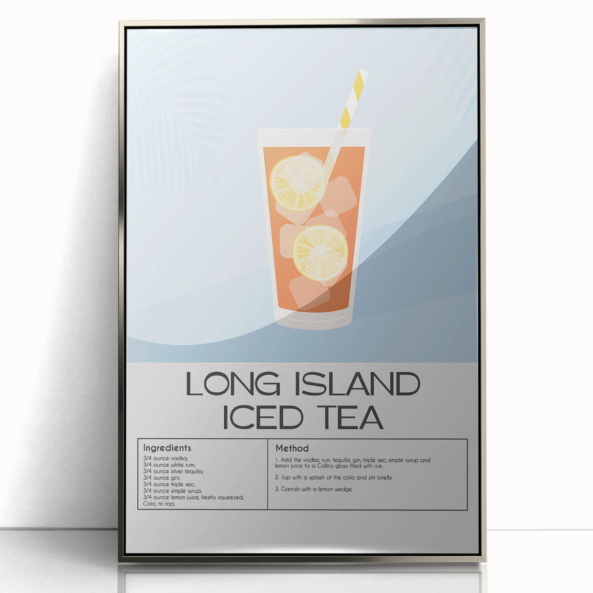 Large art print of a mid-century modernist food and drink motif in muted colors, framed in silver acrylic.
