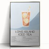 Large art print of a mid-century modernist food and drink motif in muted colors, framed in silver acrylic.