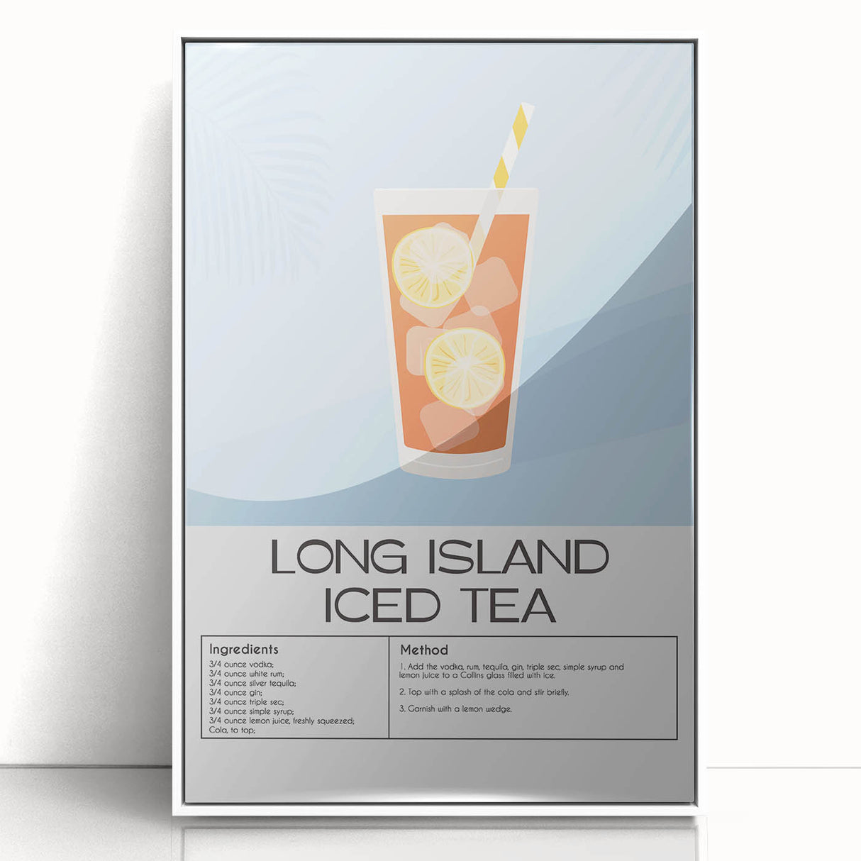 Mid-century modernist art featuring a minimalist food and drink design in pastel shades on a white acrylic framed poster.