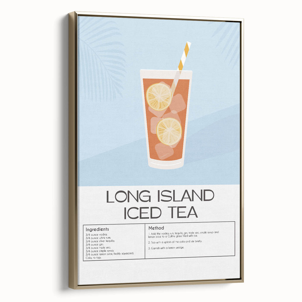 Vintage poster art of food and drinks on a framed canvas, featuring colorful art on a black background.
