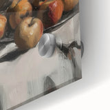 Close-up of large abstract fruit depiction in vibrant colors on acrylic glass, suitable for dining room art.