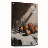 Large abstract wall art featuring an array of fruits in vivid colors on acrylic glass, suitable for dining room decor.