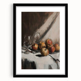 Extra large abstract art print depicting vibrant, textured fruits, ideal for living room decor, in a black frame with mat.