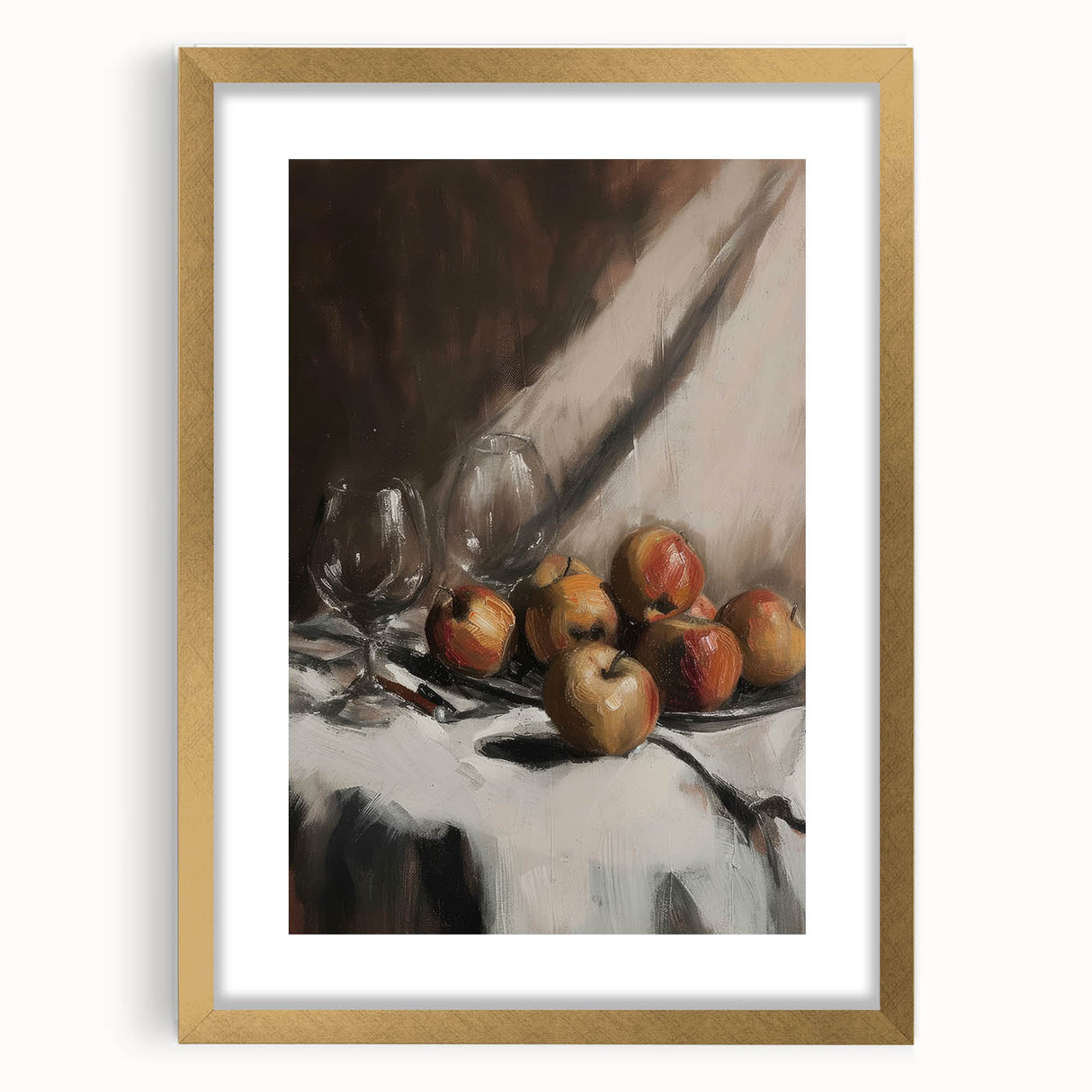Extra large abstract art print featuring textured fruits in vibrant colors, framed in gold, ideal for living room decor.