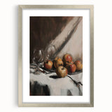 Textured art print featuring abstract fruit designs in vibrant colors on a silver-framed mat, ideal for bedroom decor.