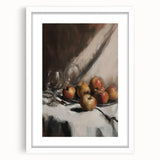 Abstract art print featuring assorted fruits in vibrant colors on a white framed poster, suitable for dining room decor.