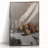 Mid-century modernist art featuring an array of stylized fruits in bold colors, presented in a silver-framed acrylic print.