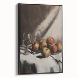 Black and white wall art featuring an array of fruits in a vintage poster style on framed canvas, ideal for bedroom decor.