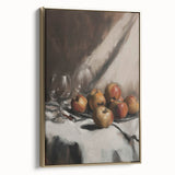 Framed canvas wall art featuring a vintage poster of assorted fruits in rich gold and black tones.
