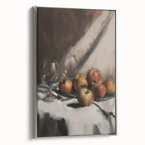 Landscape art painting of colorful fruits on a black background, framed in silver, suitable for kitchen decor.