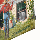 Realism Art Prints - Garden Scene with Farmer and Red House on Canvas