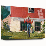 Realism Art Prints - Garden Scene with Farmer and Red House on Canvas