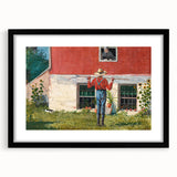 Realism Art Prints - Garden Scene with Farmer and Red House on Canvas