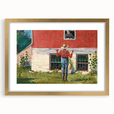 Realism Art Prints - Garden Scene with Farmer and Red House on Canvas