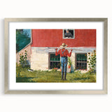 Realism Art Prints - Garden Scene with Farmer and Red House on Canvas