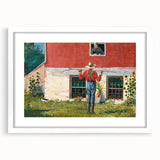 Realism Art Prints - Garden Scene with Farmer and Red House on Canvas