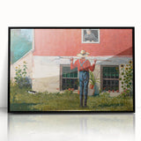 Realism Art Prints - Garden Scene with Farmer and Red House on Canvas