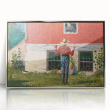 Realism Art Prints - Garden Scene with Farmer and Red House on Canvas