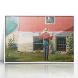 Realism Art Prints - Garden Scene with Farmer and Red House on Canvas