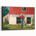 Realism Art Prints - Garden Scene with Farmer and Red House on Canvas