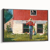 Realism Art Prints - Garden Scene with Farmer and Red House on Canvas
