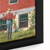 Realism Art Prints - Garden Scene with Farmer and Red House on Canvas