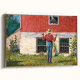 Realism Art Prints - Garden Scene with Farmer and Red House on Canvas